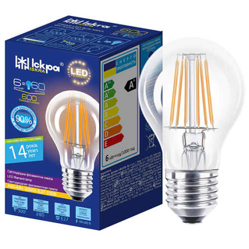 Світлодіодна лампа LED Filament A60CL 6W 3000K E27 прозора. ТМ "Іскра"