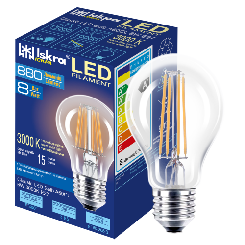 Світлодіодна лампа LED Filament A60 8W 3000K E27 прозора. ТМ "Іскра"