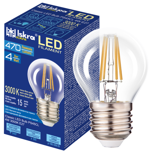Лампа світлодіодна LED Filament Р45CL 4W 3000K E27 прозора. ТМ "Іскра"