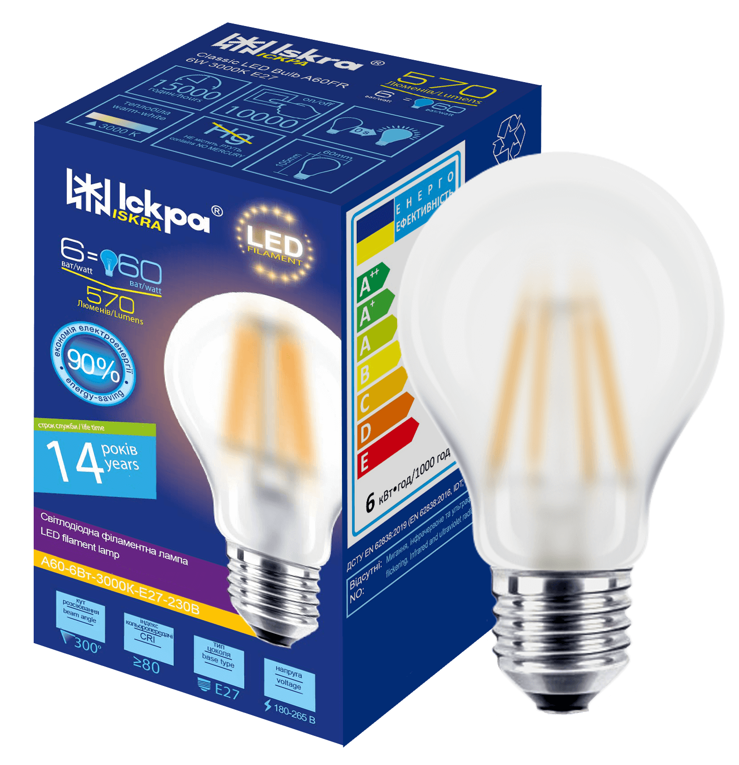 LED Filament A60 FR 6W 3000K E27