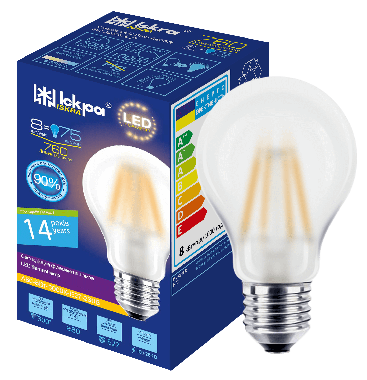 LED Filament A60 FR 8W 3000K E27