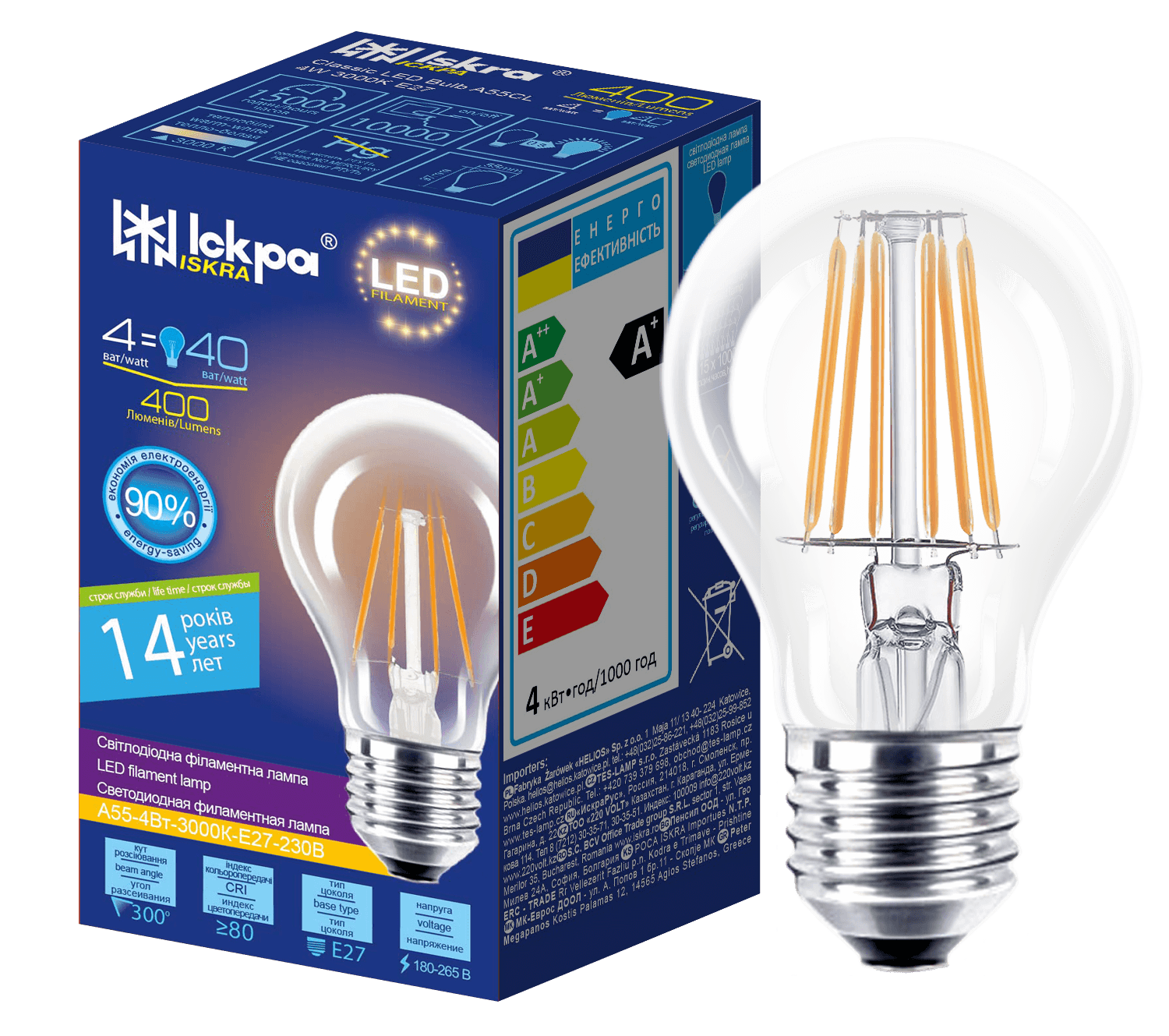 LED Filament A60 4W 3000K E27